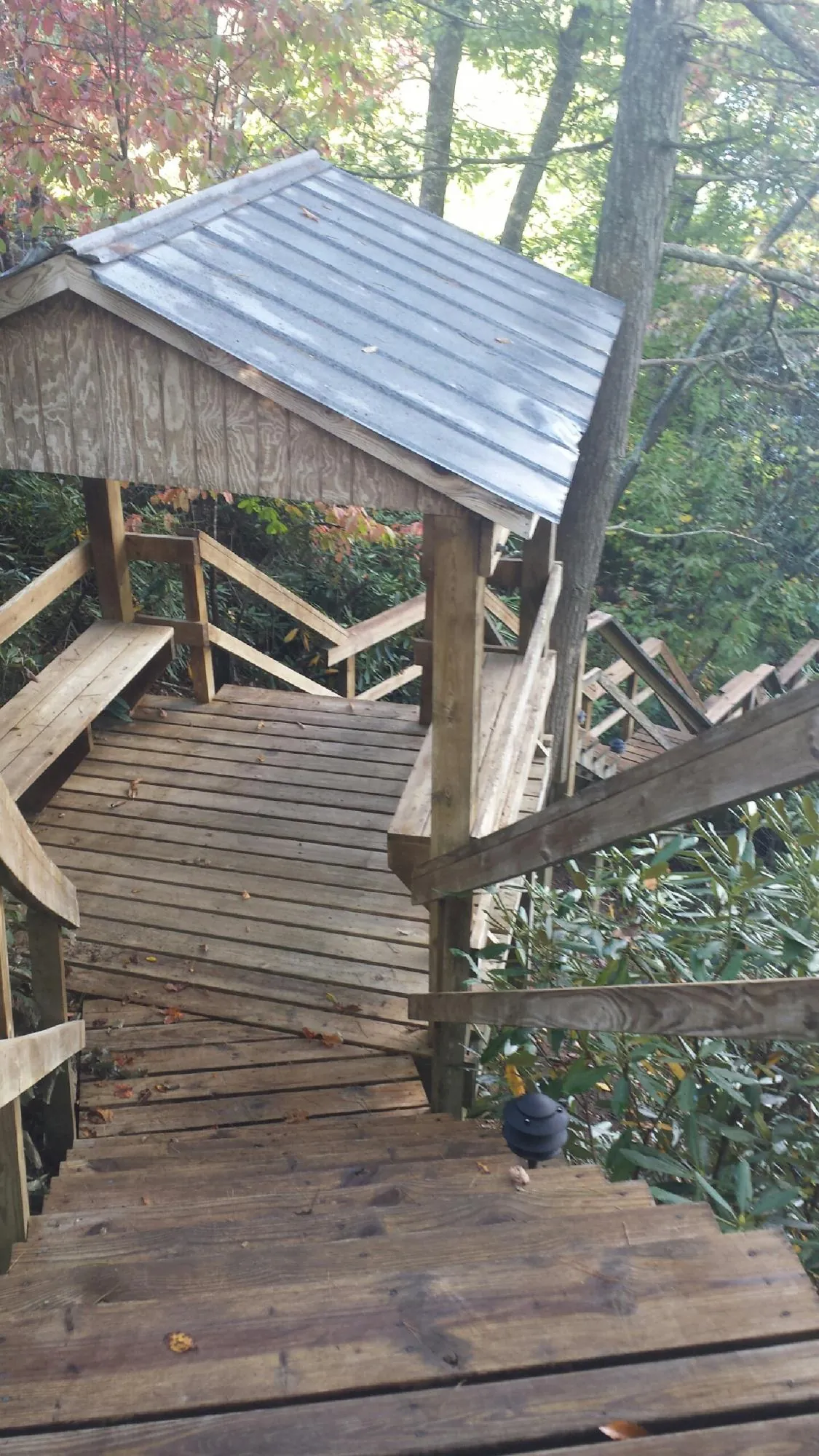 Metal roofed shelter over wooden steps on a wooded walkway — Skylight Repair & Installation work by our crew in Ruston